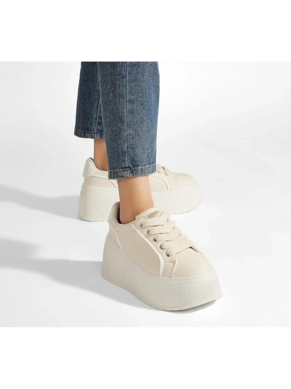 🆕LUCKY STEP Women's Beige Platform Wedge Canvas Sneakers Walking Shoes